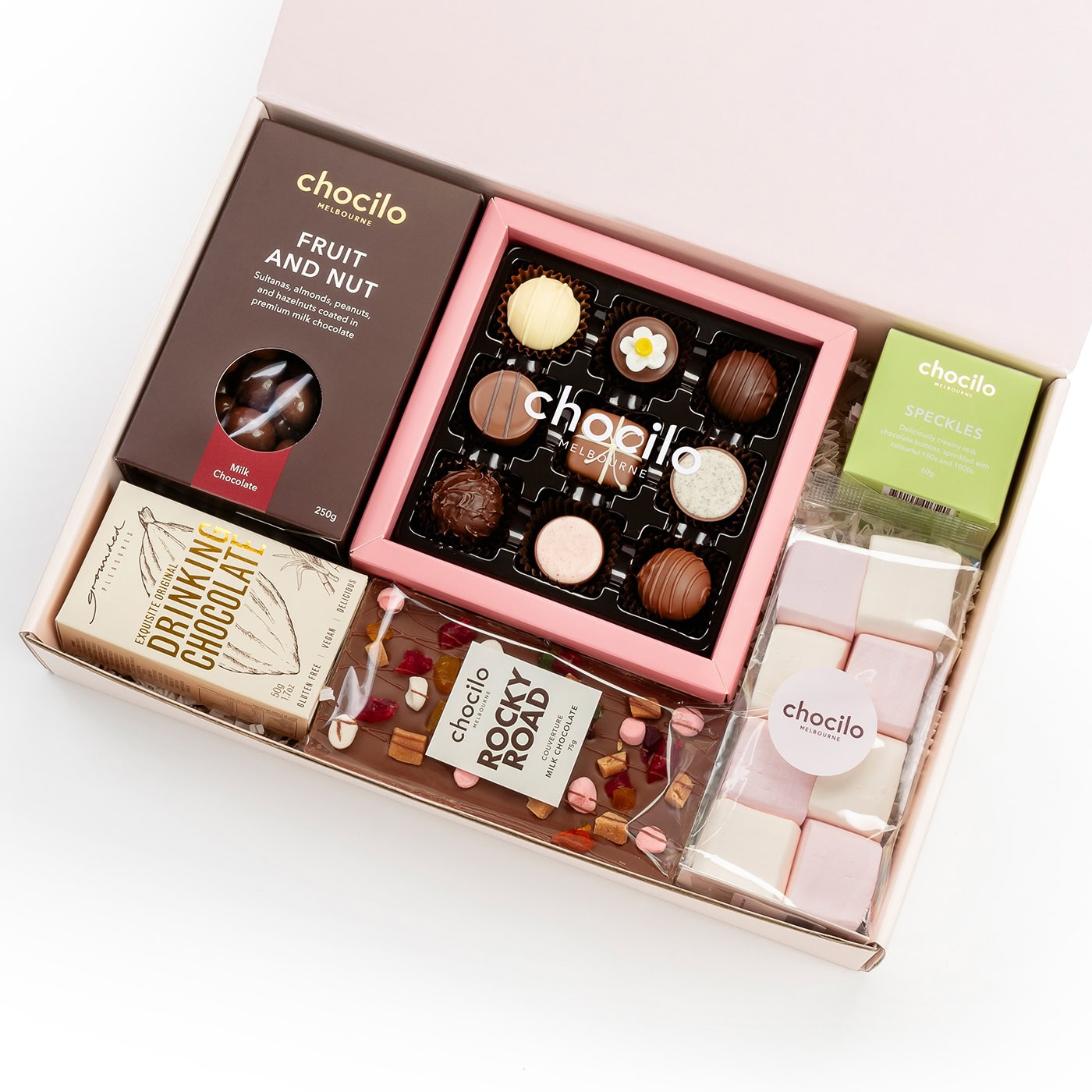 Chocilo Melbourne premium chocolate winter warmer gift hamper with Grounded Pleasures drinking chocolate and marshmallows.