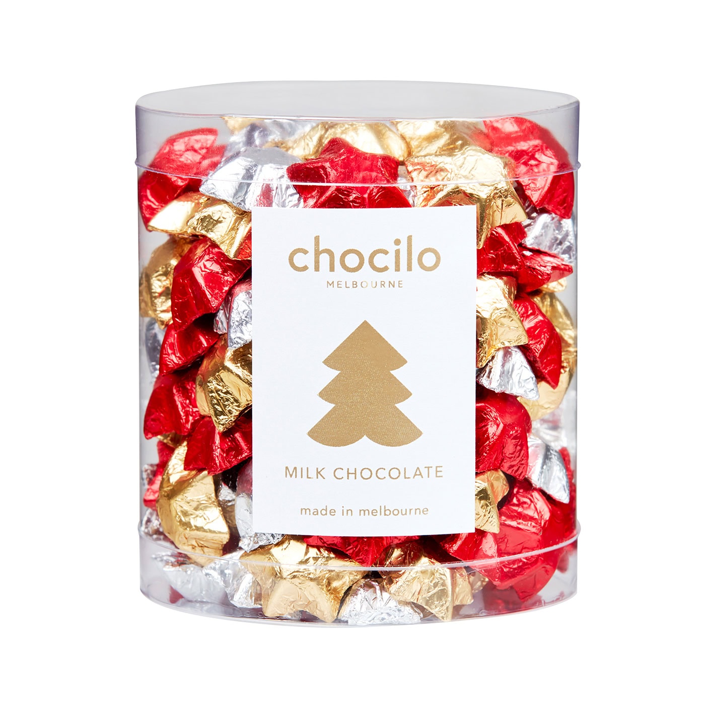 Chocilo Melbourne 875g Christmas Assorted Foiled Solid Milk Chocolate Stars in a clear counter tub.