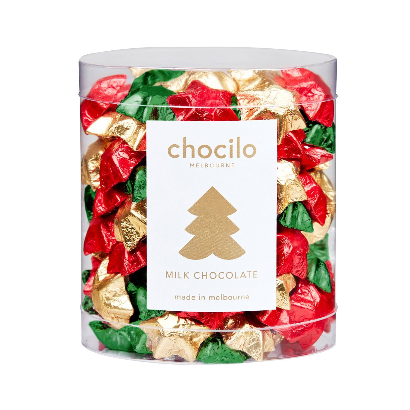 Chocilo Melbourne 875g Christmas Assorted Foiled Solid Milk Chocolate Christmas Stars in a clear counter tub.