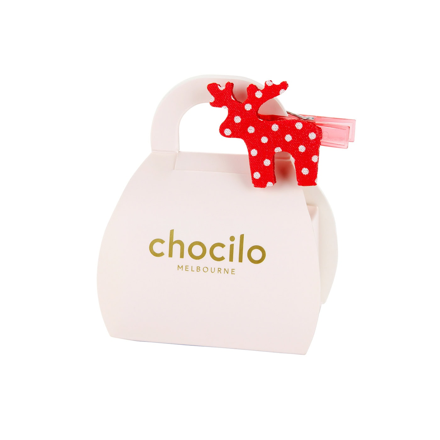 Chocilo Melbourne 2 Pack Christmas Milk Chocolate Caramels with a sugar decoration in a light pink cardboard handbag and a festive red and white reindeer clip.