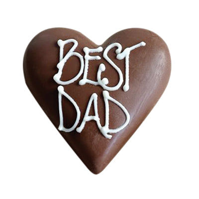 Chocilo Melbourne Father's Day Praline heart in Milk Chocolate with "BEST DAD" hand-piped in white chocolate. Wrapped  in cello gift bag, finished with satin blue ribbon.