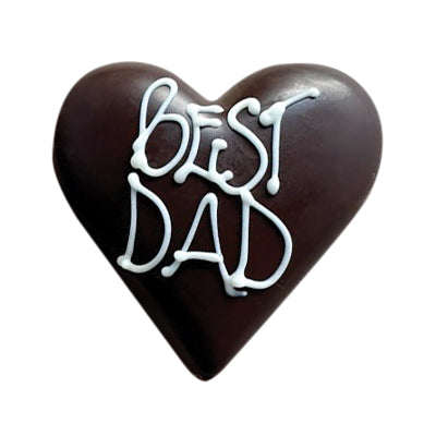 Chocilo Melbourne Father's Day Praline heart in Dark Chocolate with "BEST DAD" hand-piped in white chocolate. Wrapped in cello gift bag, finished with satin blue ribbon.