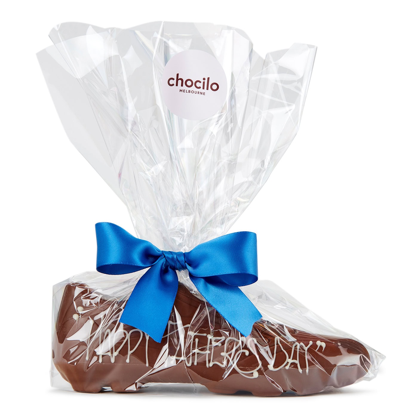 Happy Father's Day handmade milk chocolate football boot. Wrapped in cello, finished with a blue satin ribbon.
