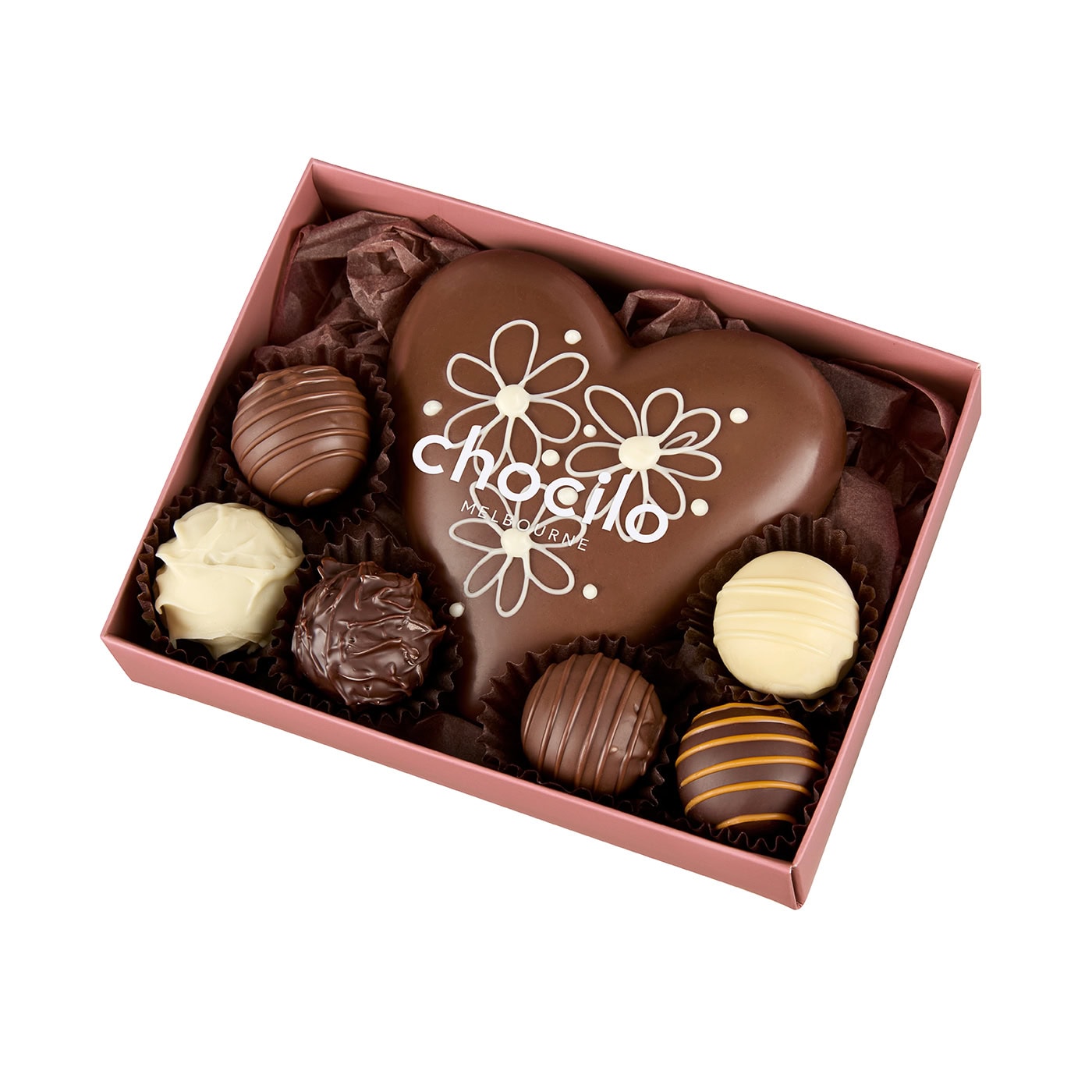 Milk chocolate heart with gourmet truffles. Made in Melbourne.