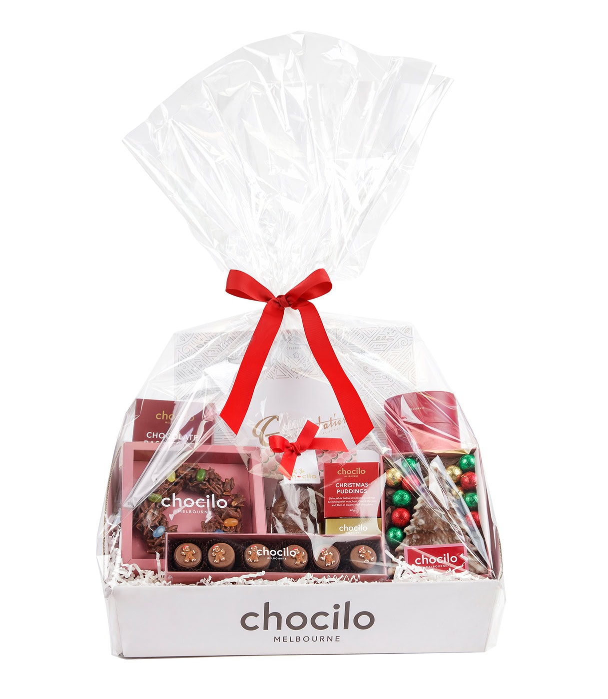 Chocilo Melbourne Deck the Halls Christmas Chocolate Gift Hamper wrapped in cello to make a stunning festive hamper
