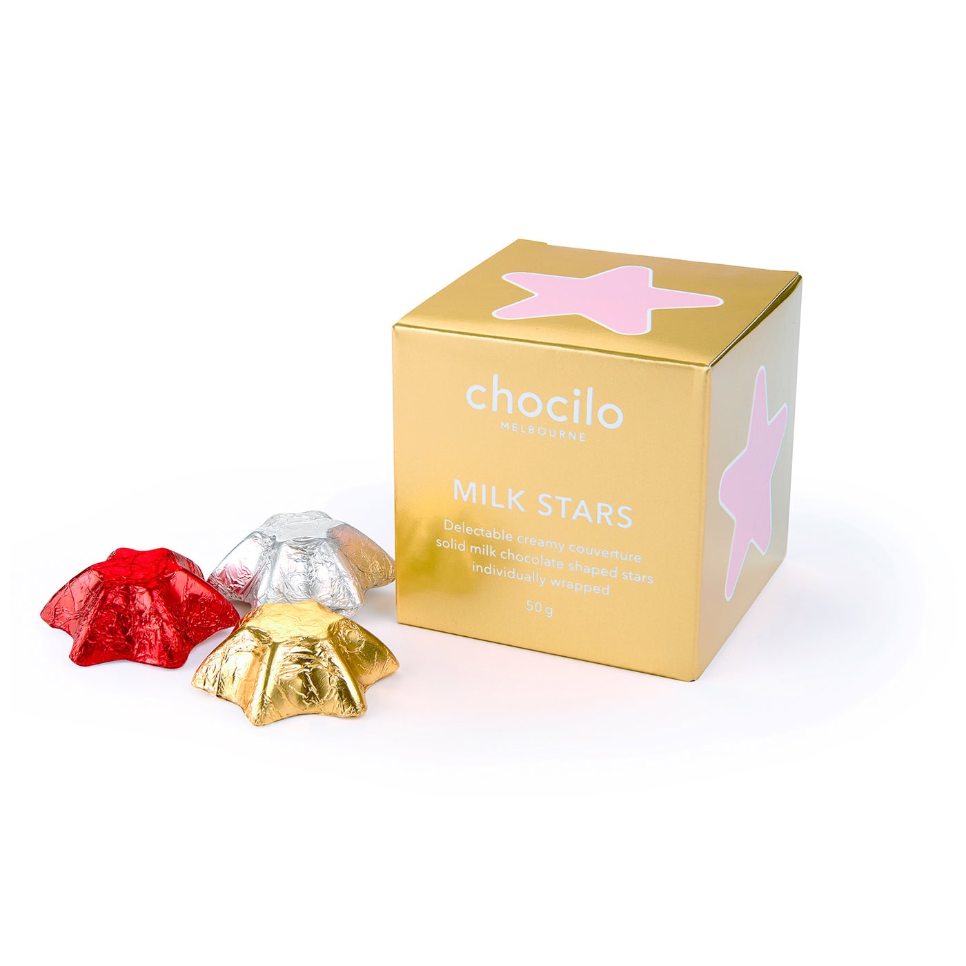 Chocilo Melbourne 8 Festive Coloured Foiled Milk Chocolate Christmas Stars in a Gift Cube