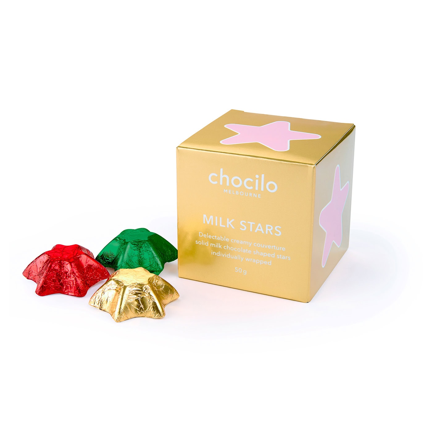 Chocilo Melbourne milk chocolate stars gift cube with three individually wrapped star-shaped chocolates in red, green, and gold foil.