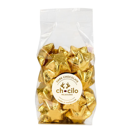 Chocilo Melbourne Gold Foiled Solid Dark Chocolate Stars in clear cello gift bag.