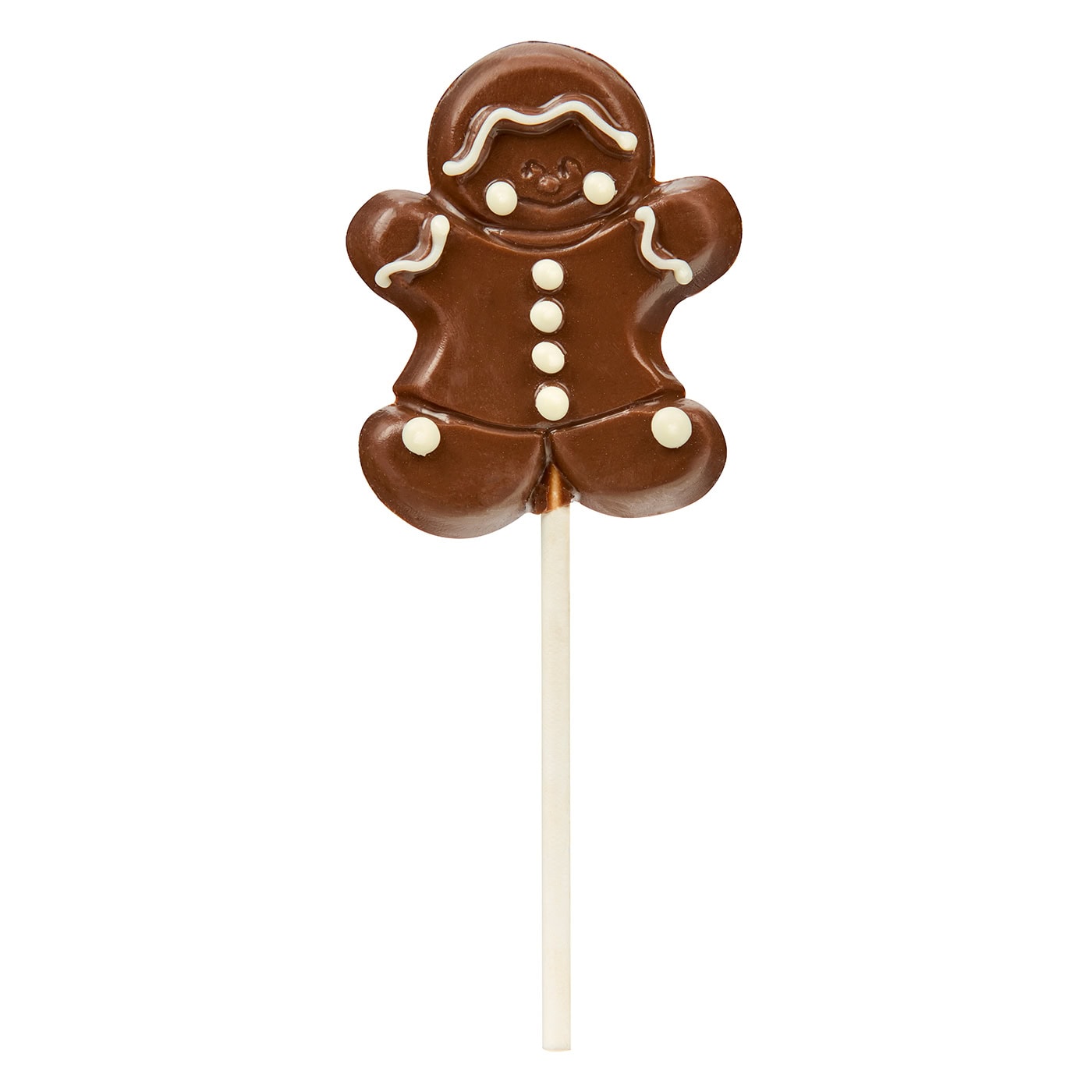 Chocilo Melbourne Christmas Milk Chocolate Gingerbread Man Lollipop in clear gift bag with red satin ribbon.