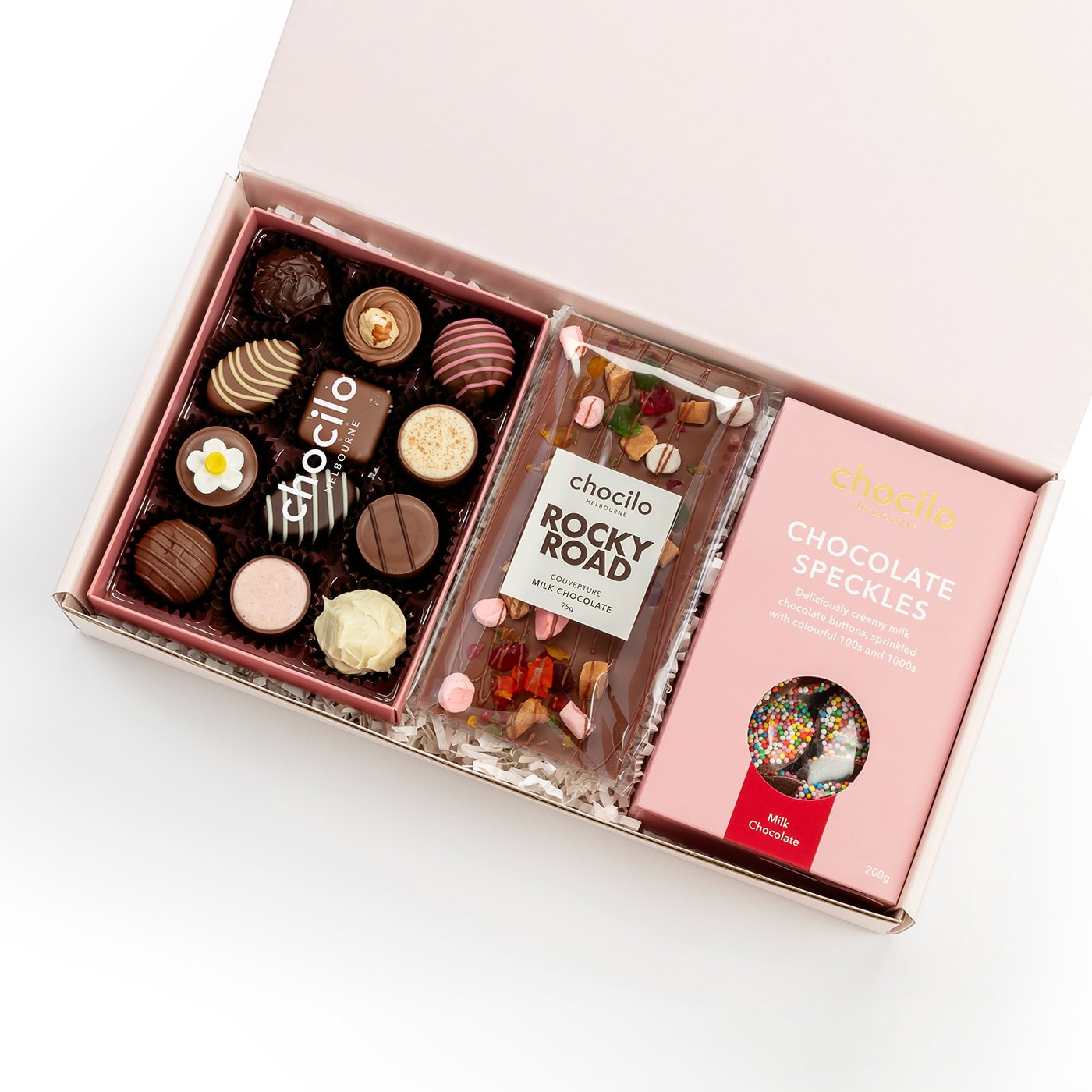 Chocilo Melbourne Chocolate Gift Hamper 'All the Favourites'. Premium chocolates made in Melbourne in a blush pink gift box.