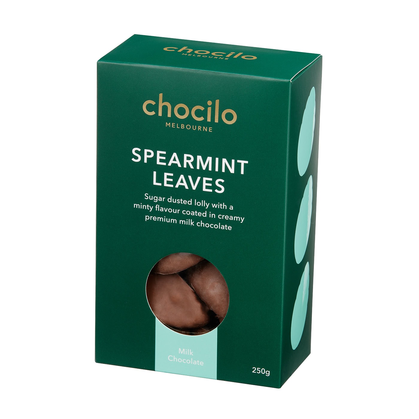 Chocilo Melbourne Spearmint Leaves coated in premium milk chocolate.