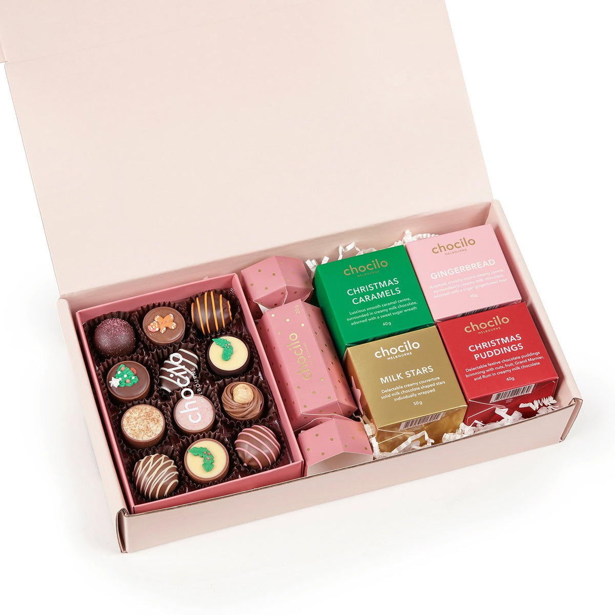Chocilo Melbourne Christmas "Jingle all the Way" Chocolate Gift Hamper featuring 12 pack of assorted premium chocolates, festive pink and gold bonbon with milk chocolates, 4 x Christmas chocolate gift cubes.