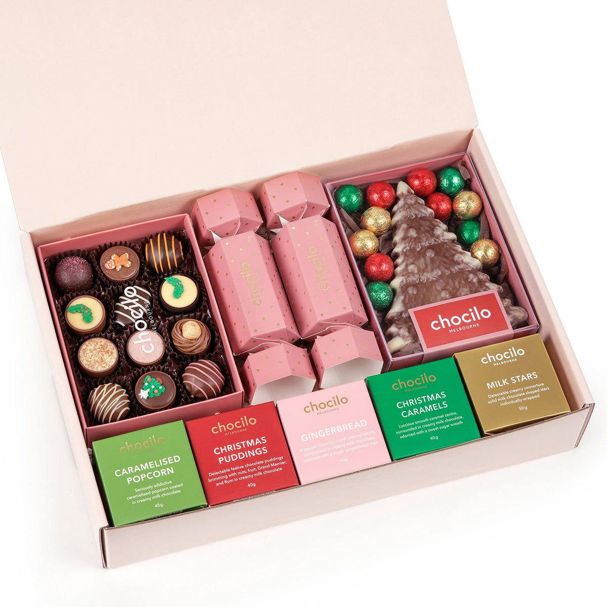 Chocilo Melbourne Christmas Gift Hamper filled with Christmas Chocolate Treats and festive bon bons.