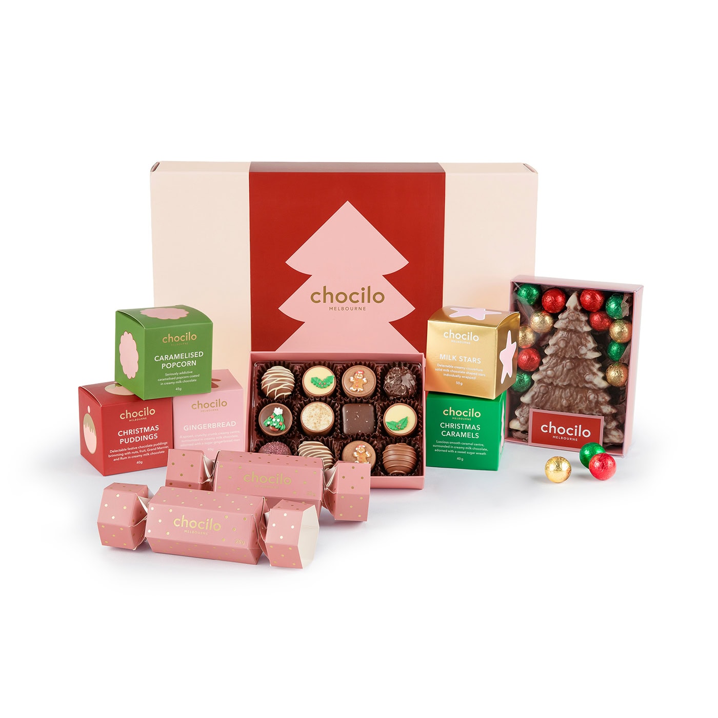 Chocilo Melbourne Christmas Gift Hamper filled with Christmas Chocolate Treats and Festive a Bonbon.