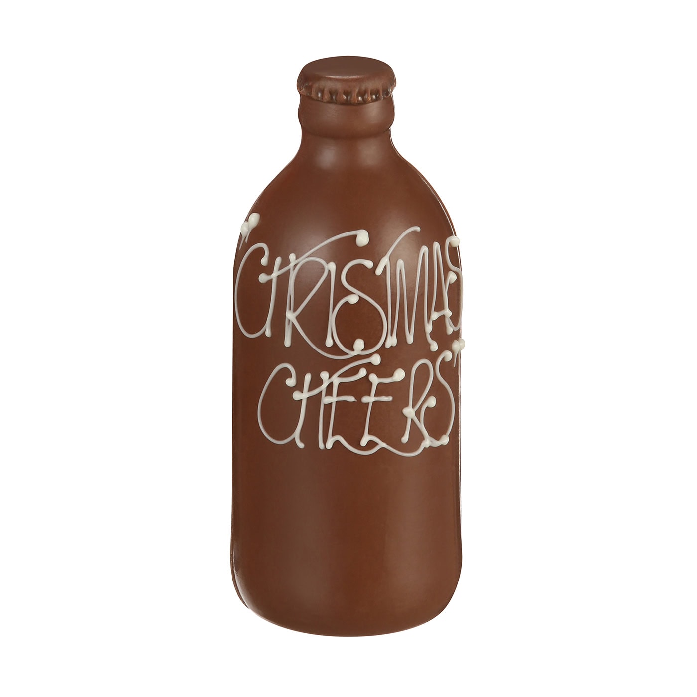 Chocilo Melbourne Milk Chocolate Stubby with "Christmas Cheers" Handpiped in White Chocolate. Wrapped in a cello bag with red ribbon.