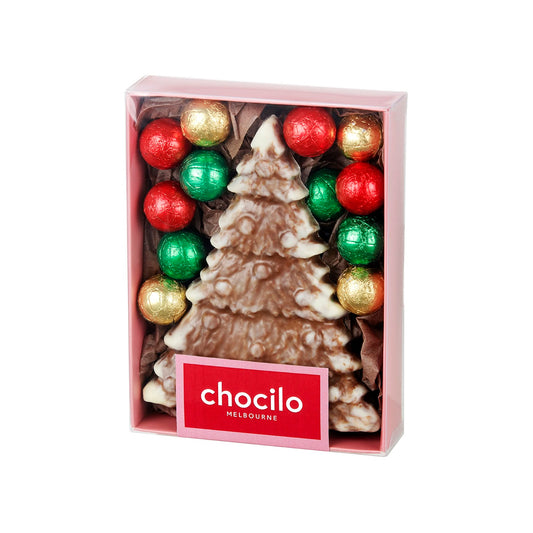 Chocilo Melbourne Marbled Christmas Tree with 12 Milk Chocolate Baubles Gift Box.