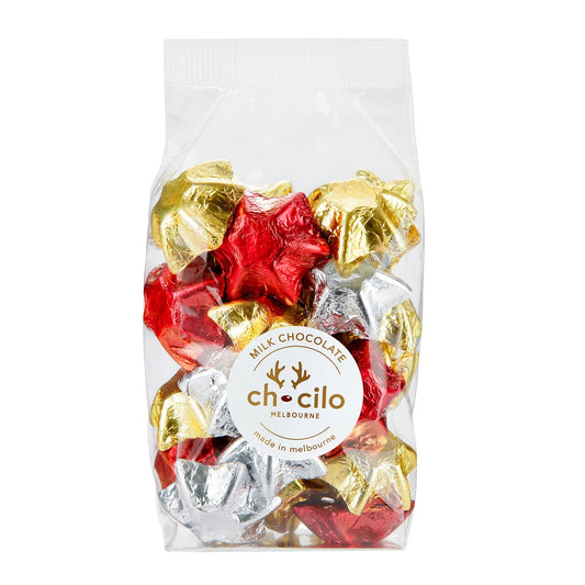 Chocilo Melbourne Festive Assorted Foiled Solid Milk Chocolate Stars in clear cello gift bag