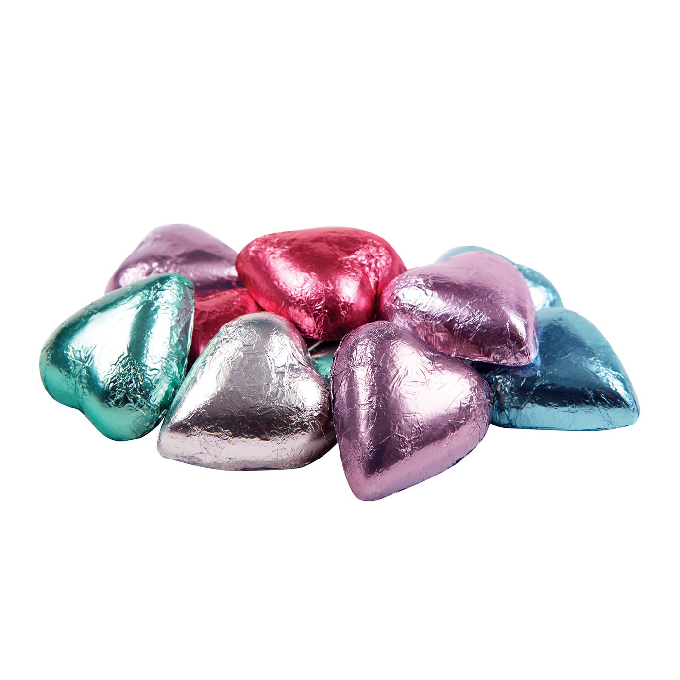Chocilo Melbourne Solid Milk Chocolate Hearts Assorted Foil Colours: Pink, Silver, Mint, Blue, Mauve.