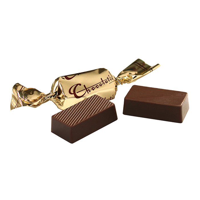 Chocolatier Australia solid milk chocolate mini bars twist wrapped in gold foil.