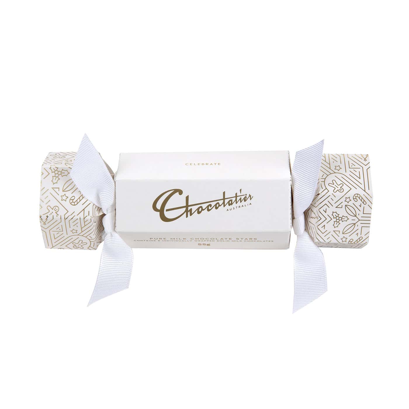 Chocolatier Australia White Bon Bon with solid milk chocolate stars wrapped in gold coloured foil.