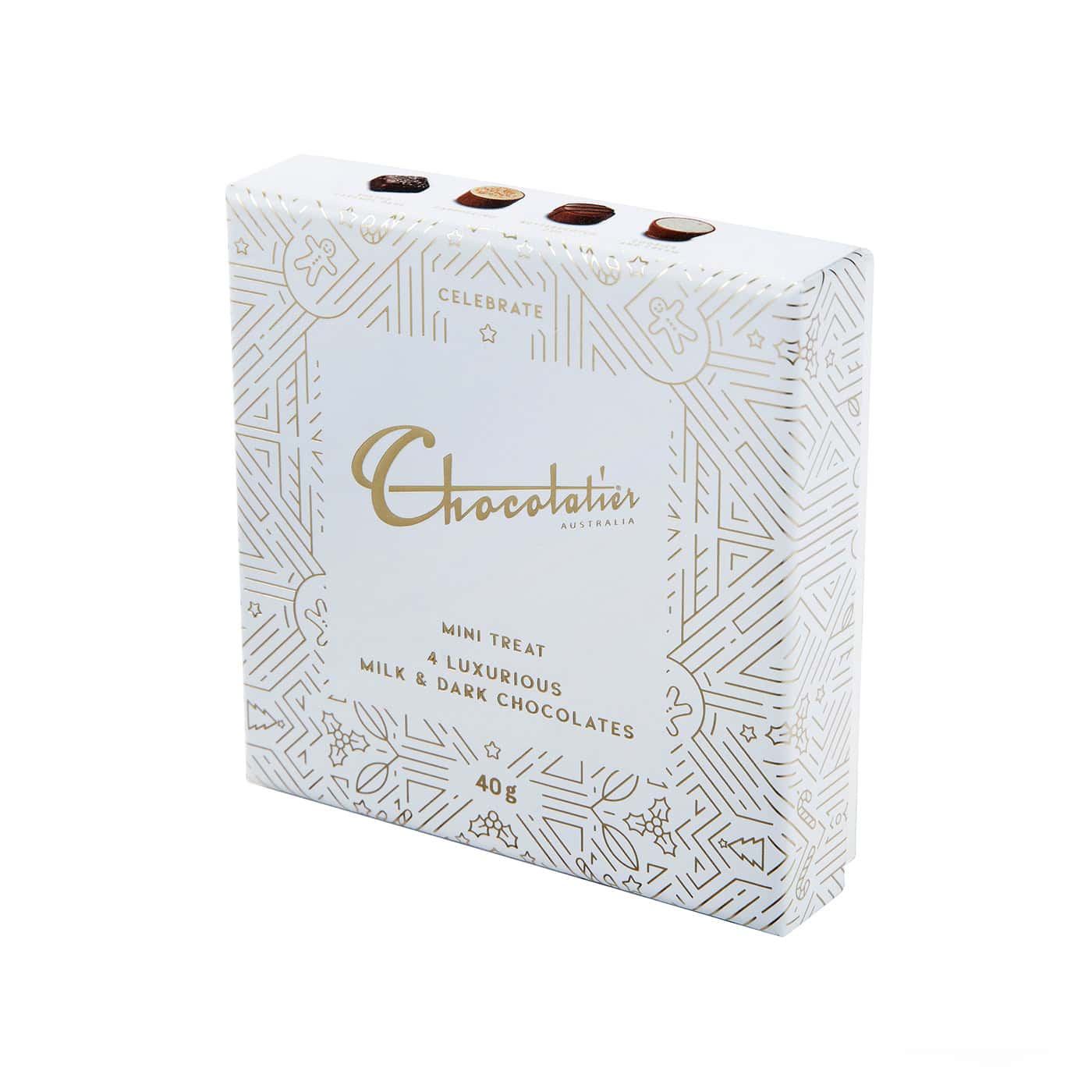 Chocolatier Australia White and Gold Mini Treat Box with Assorted Milk & Dark Chocolates. Made in Melbourne.