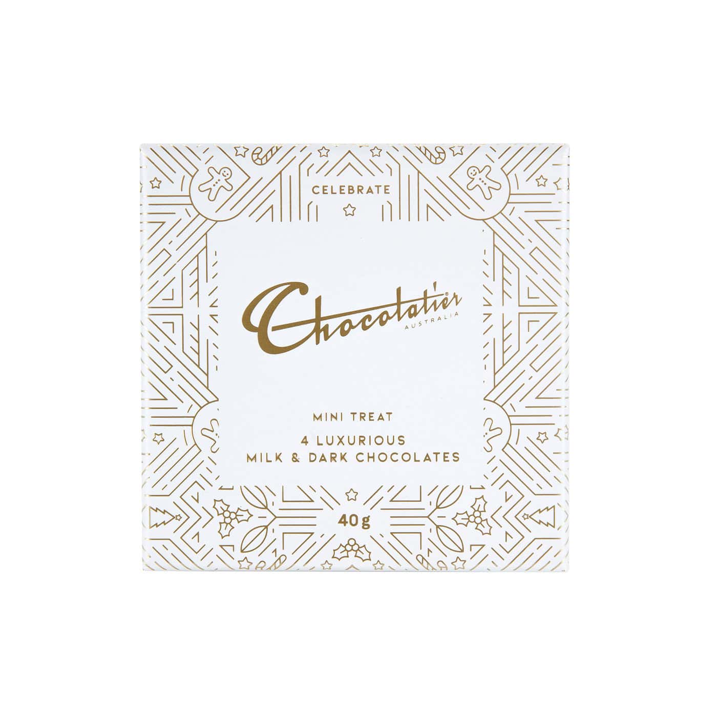 Chocolatier Australia White and Gold Mini Treat Box with Assorted Milk & Dark Chocolates. Made in Melbourne.