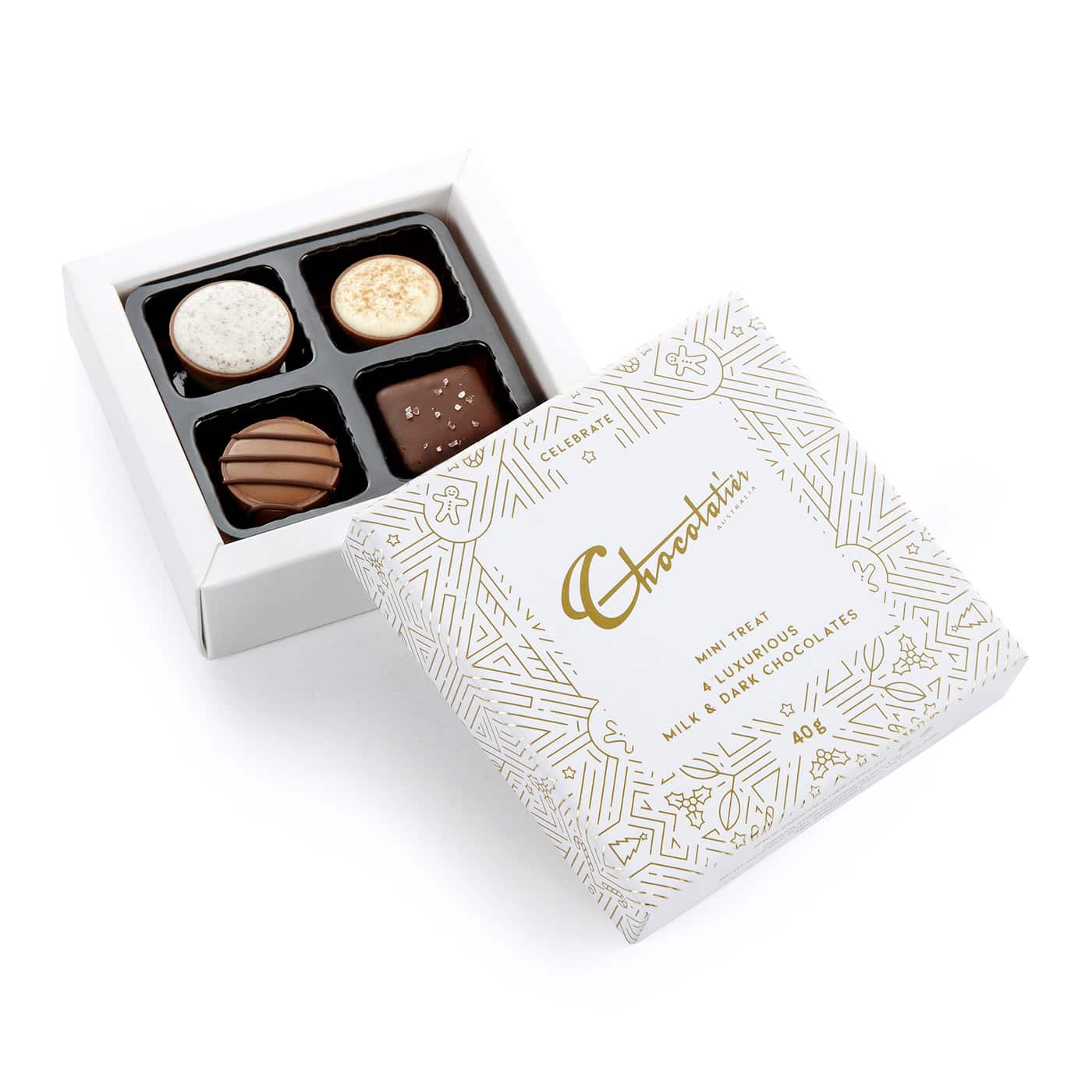 Chocolatier Australia White and Gold Mini Treat Box with Assorted Milk & Dark Chocolates. Made in Melbourne.