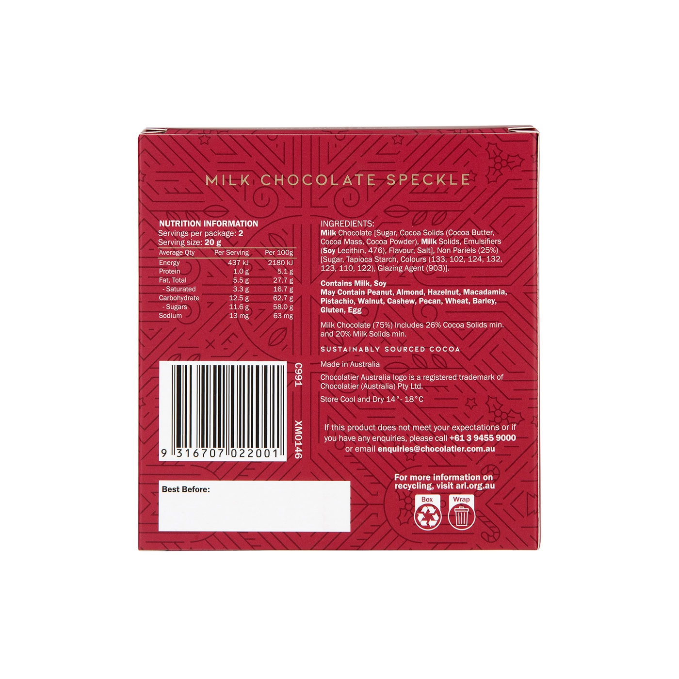 Chocolatier Australia Christmas Speckle in Milk Chocolate - 40g