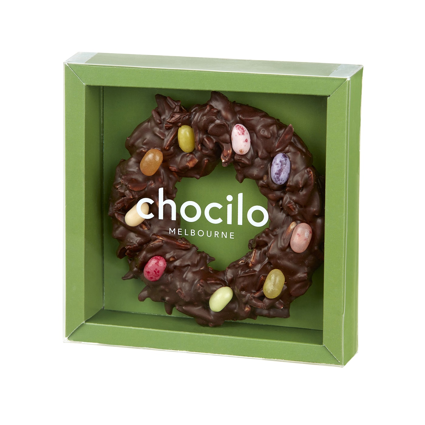 Chocilo Melbourne 100g Christmas Almond Wreath in Dark Chocolate with Jelly Bellies Gift Box