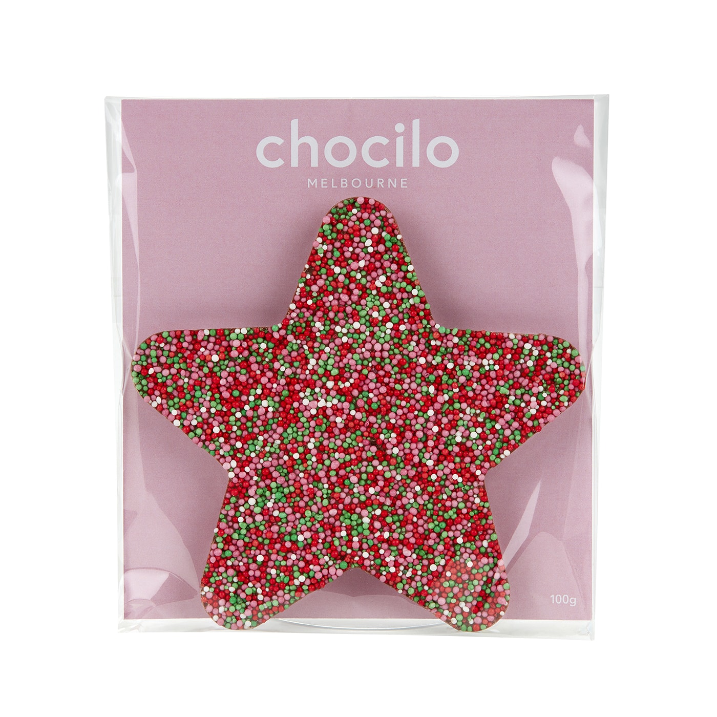 Chocilo Melbourne creamy milk chocolate star covered in Christmas theme 100s and 1000s, presented in a cello gift bag with a pink card.