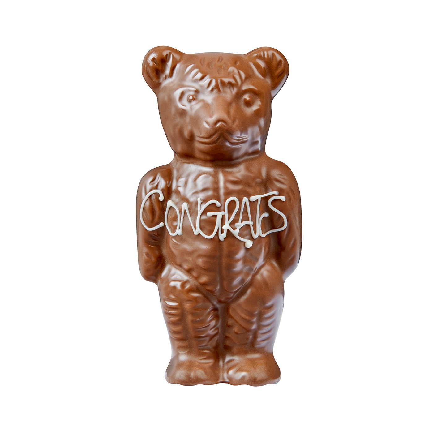 Chocilo Melbourne Chocolate Bear with Congrats piped in white chocolate, gift wrapped.