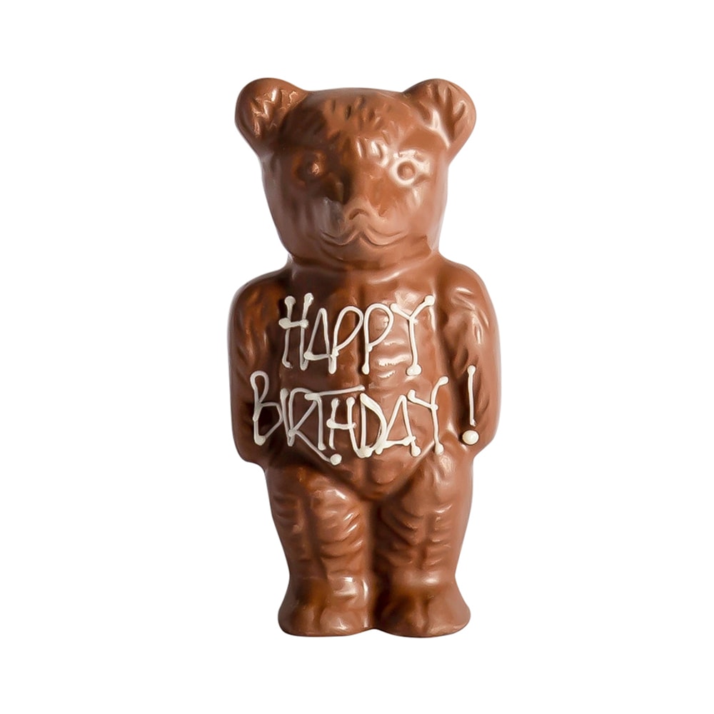 Chocilo Melbourne Chocolate Bear with Happy Birthday piped in white chocolate, gift wrapped.