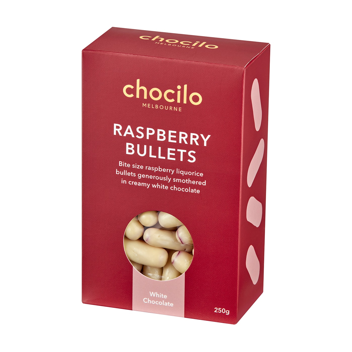 White Chocolate Coated Raspberry Bullets Gift Box 250g