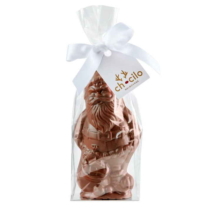 Chocilo Melbourne 90g Hand Made Father Christmas in couverture milk chocolate. Wrapped in clear cello gift bag, finished with a satin ribbon.