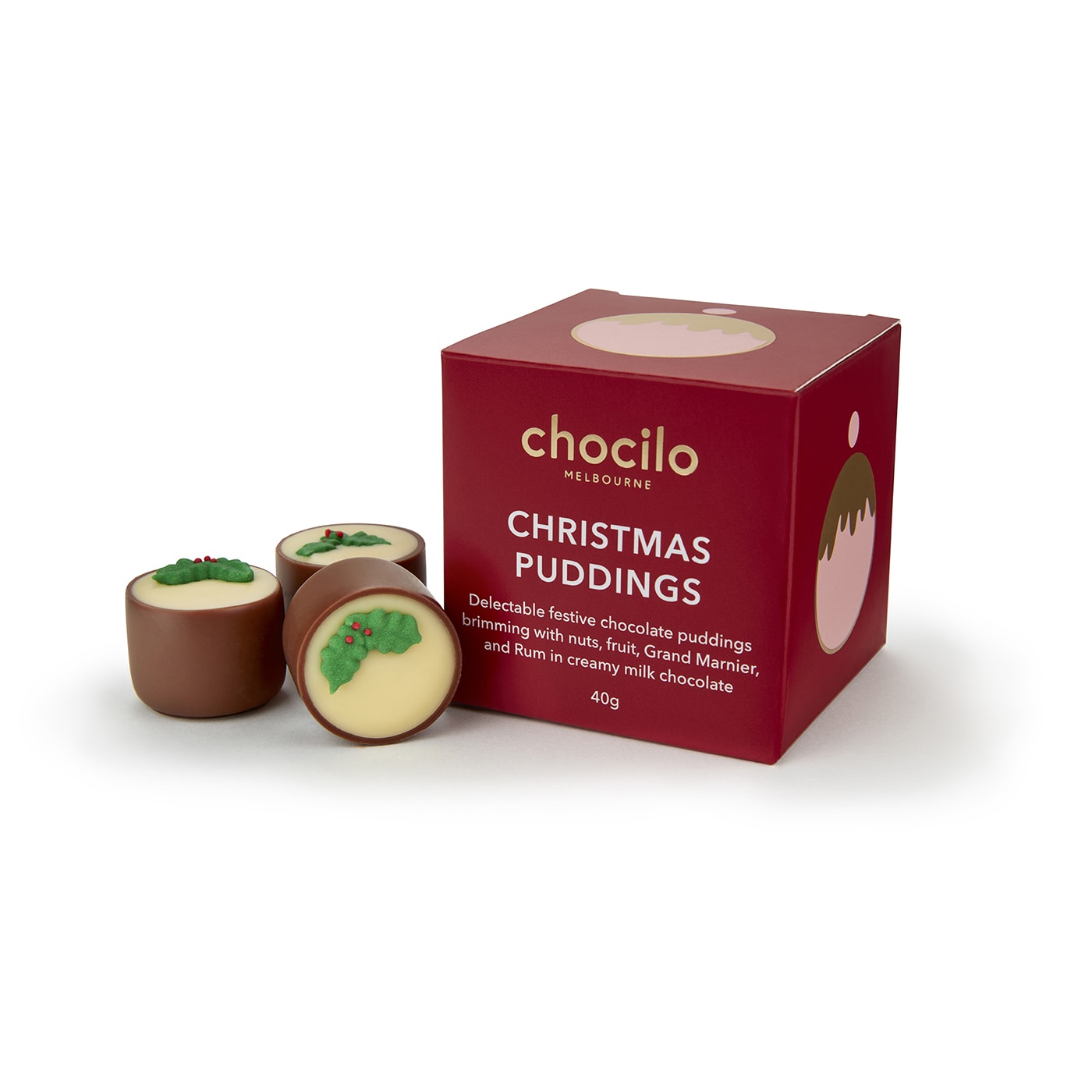 Chocilo Melbourne Christmas Plum Pudding Chocolates presented in a red gift cube.