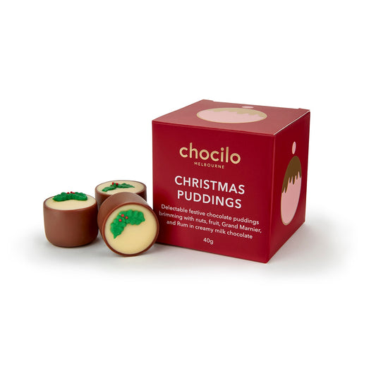 Chocilo Melbourne Christmas Plum Pudding Chocolates presented in a red gift cube.