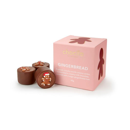Chocilo Melbourne Gingerbread milk chocolates presented in a pink gift box.
