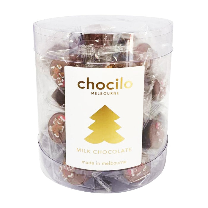 Chocolatier Australia Christmas Gingerbread Milk Chocolate in a clear counter unit tub
