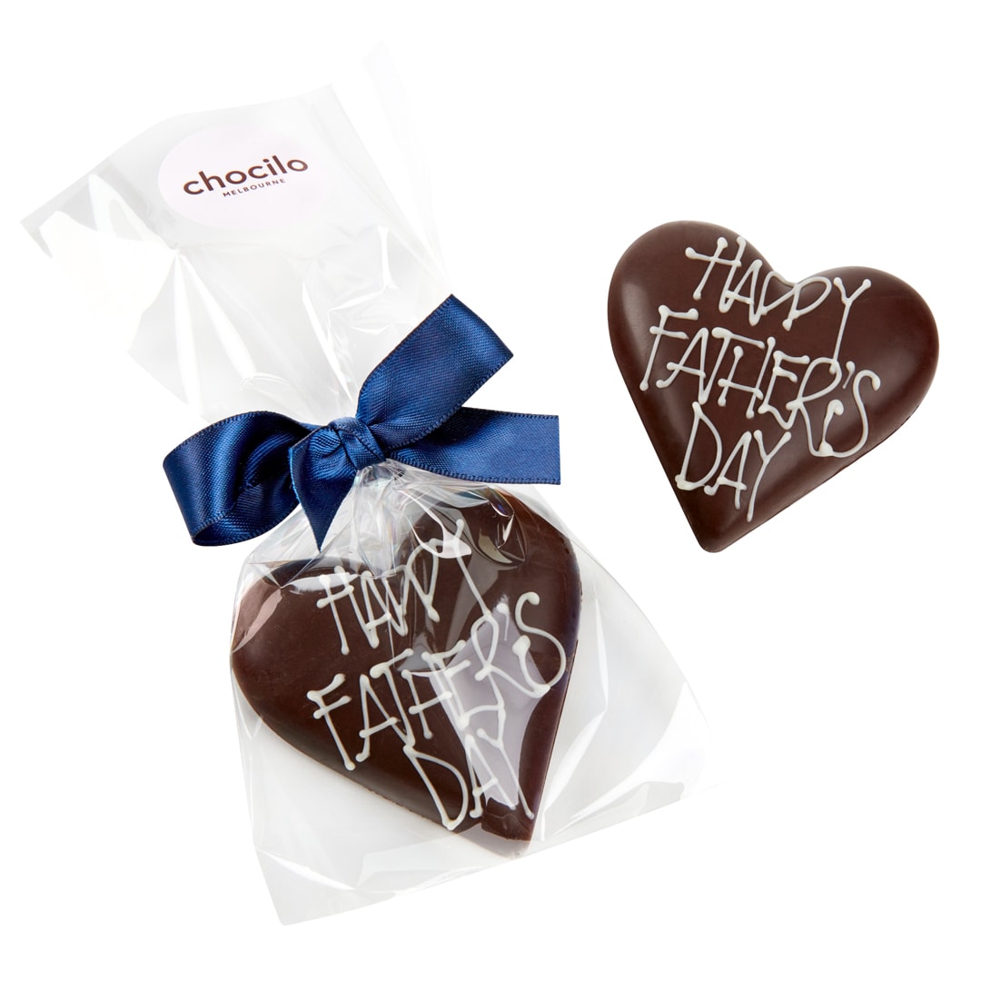 Chocilo Melbourne Father's Day Praline heart in Dark Chocolate. Wrapped in cello gift bag, finished with satin blue ribbon.