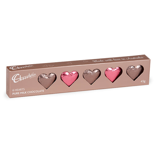 Chocolatier Australia 6 Pack Solid Milk Chocolate Hearts Gift Box (Pink & Mocha)