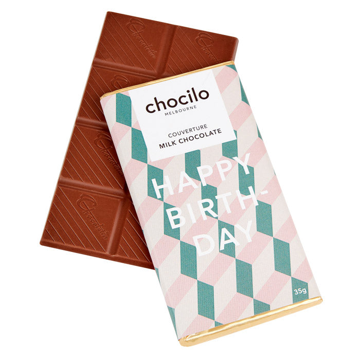 Chocilo Melbourne HAPPY BIRTHDAY Message Block. Couverture Milk Chocolate. Made in Melbourne.