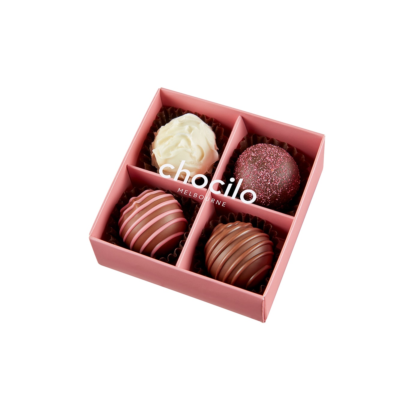 Chocilo Melbourne 4 pack premium chocolate truffles packaged in a dusty pink gift box with clear lid.