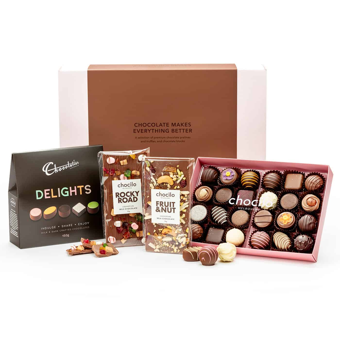 Chocilo Melbourne Milk and Dark Chocolate Gift Hamper 'Chocolate Makes Everything Better'. Premium chocolates made in Melbourne in a blush pink gift box.