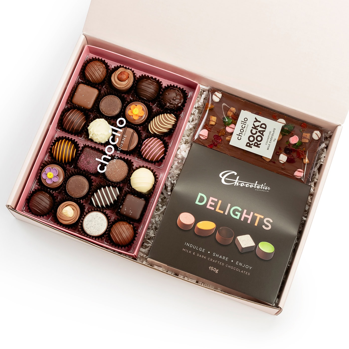 Chocilo Melbourne Milk and Dark Chocolate Gift Hamper 'Chocolate Makes Everything Better'. Premium chocolates made in Melbourne in a blush pink gift box.