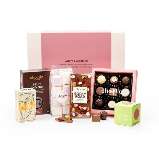 Chocilo Melbourne premium chocolate winter warmer gift hamper with Grounded Pleasures drinking chocolate and marshmallows.