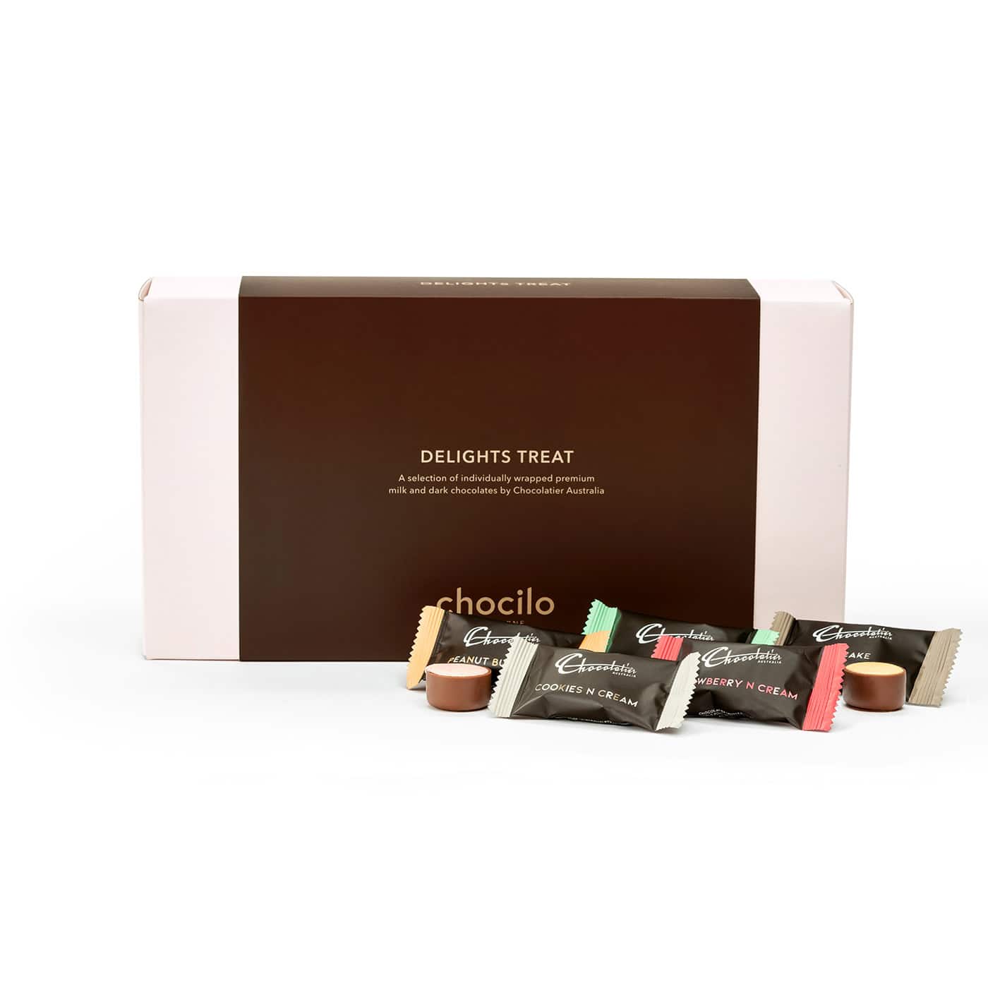 Chocolatier Australia Delights individually wrapped chocolates in a beautiful blush pink gift box.