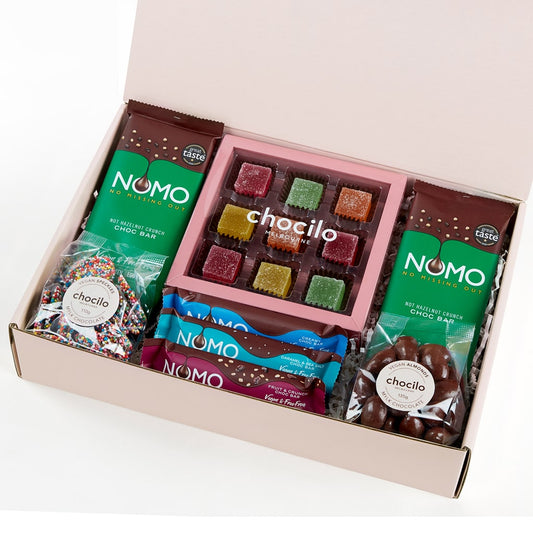 Chocilo Melbourne Vegan Friendly Chocolate and Pectin Jelly Gift Hamper including NOMO Chocolate Blocks & Bars. Blush pink gift box.