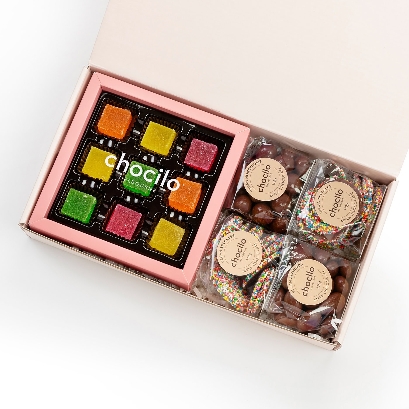 Chocilo Melbourne Vegan Friendly Chocolate and Pectin Jellies Gift Hamper in a blush pink gift box.