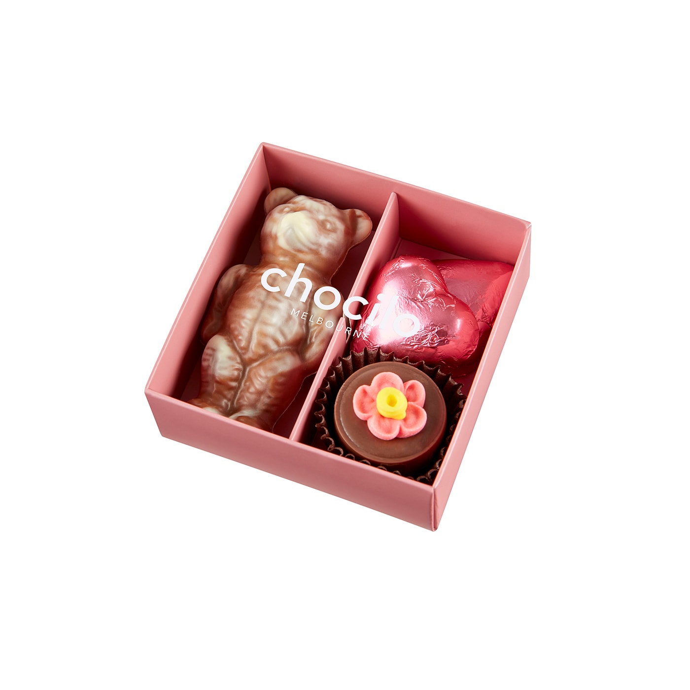 Chocilo Melbourne marbled chocolate bear, pink foiled milk chocolate hearts, and chocolate praline flower pot 4 pack gift box