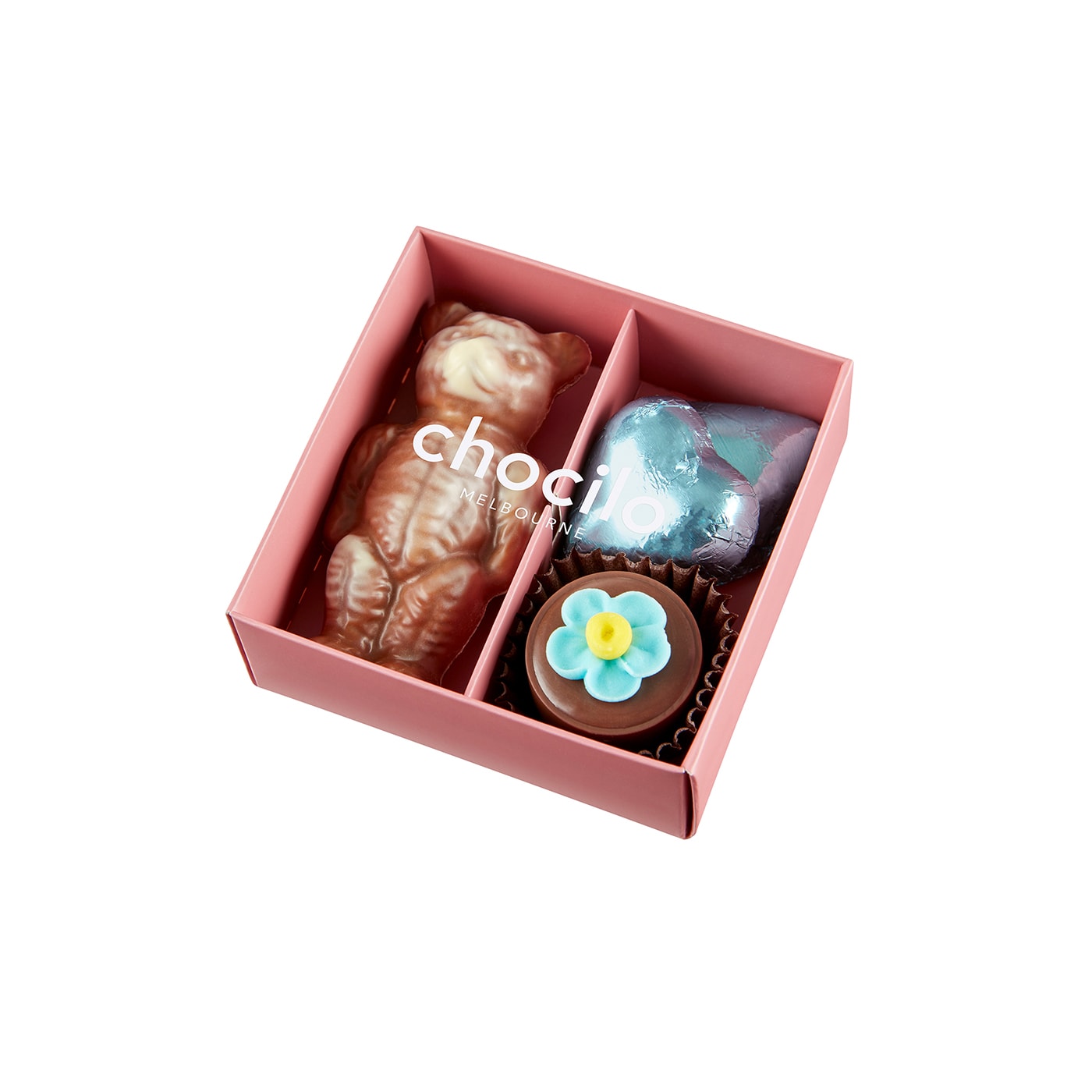 Chocilo Melbourne marbled chocolate bear, ice blue foiled milk chocolate hearts, and chocolate praline flower pot 4 pack gift box